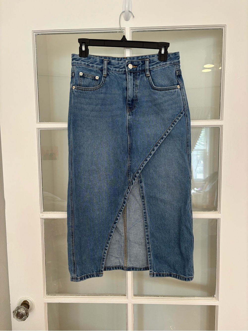 Mo&Co Blue Denim Midi Skirt with Front Slit